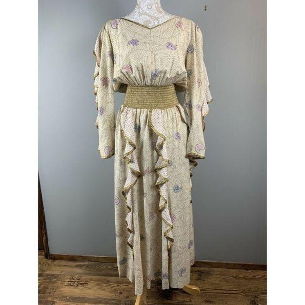80s JEANNE MARC Gold Faerie Festival Ruffled Fantasy Princess Dress‎ Fairycore